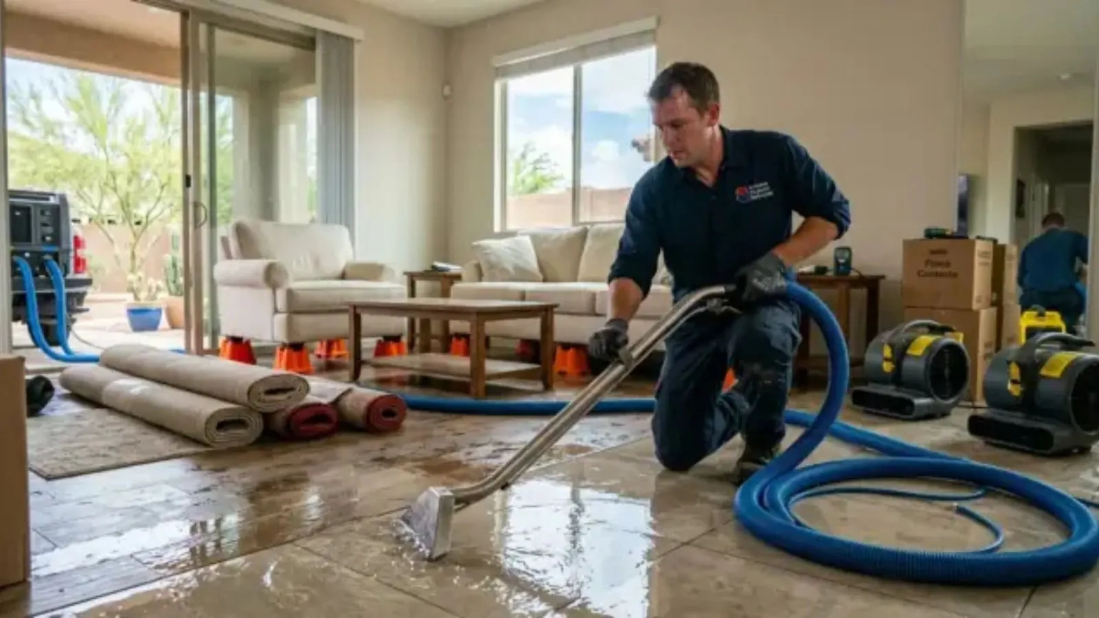 Restoration technician running a wet vacuum hose and air movers across a water-damaged living room floor
